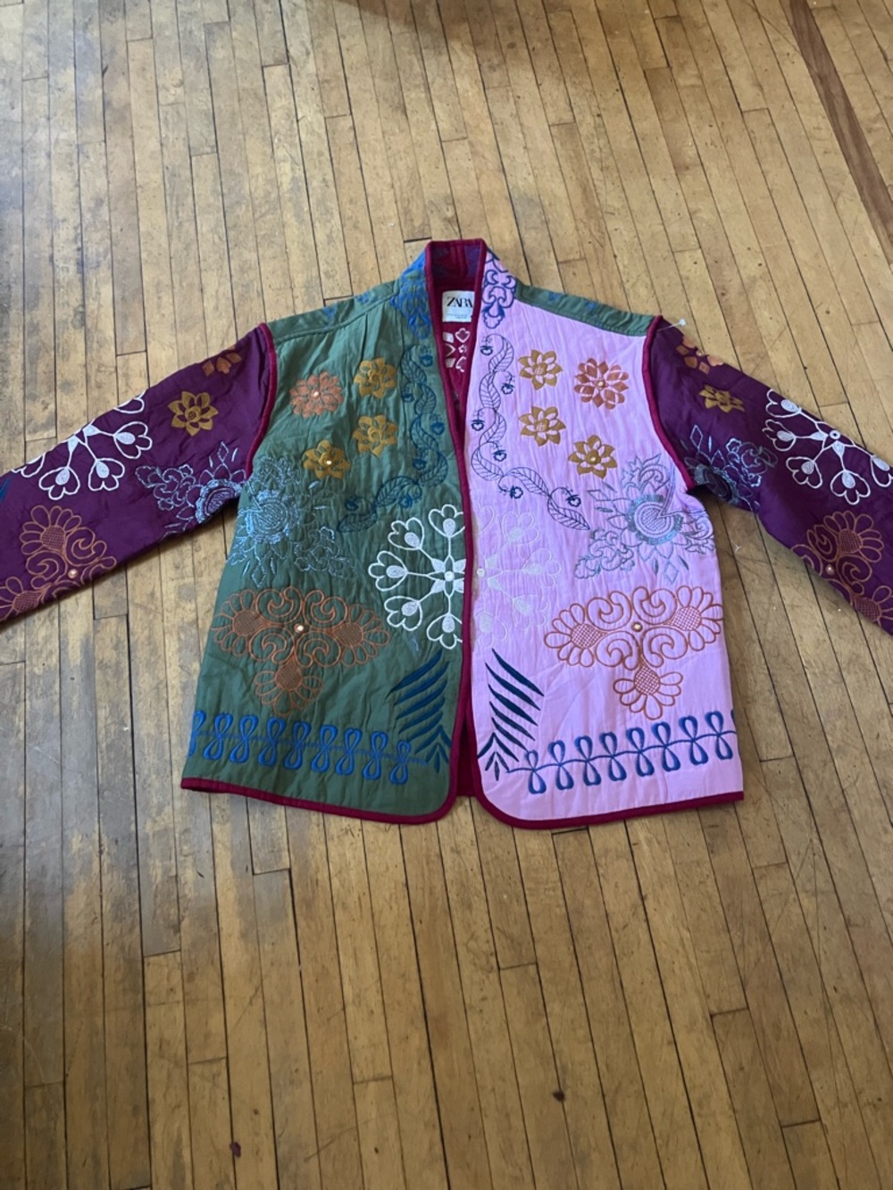 Zara Quilted Patchwork Jacket in Green, Pink & Burgundy